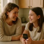 Une mère et sa fille préadolescente discutent du premier téléphone