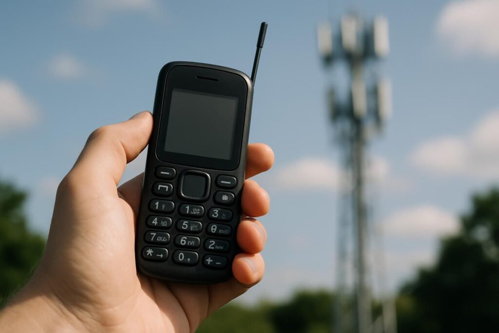 Dumbphone 4G tenu en main, antenne réseau mobile en arrière-plan