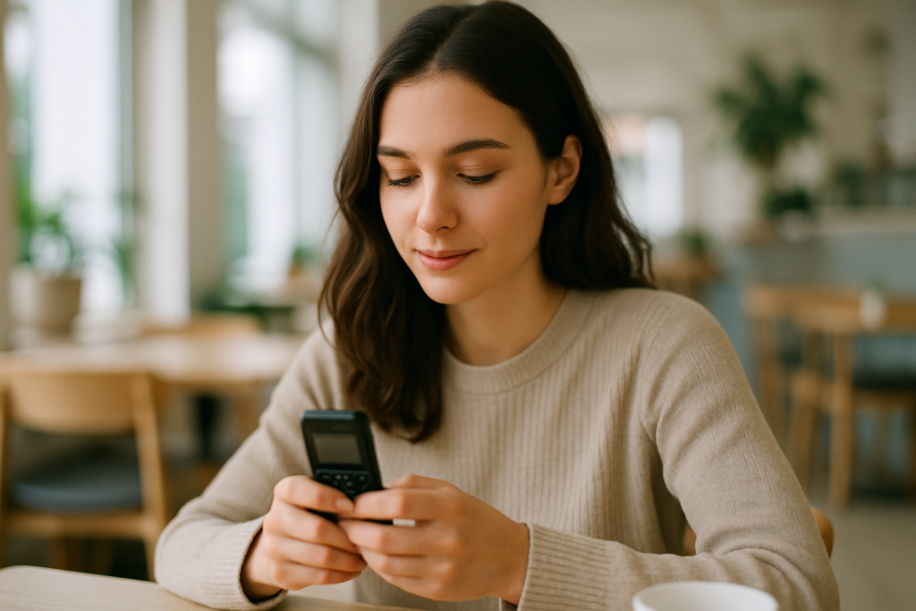 Téléphone minimaliste compatible WhatsApp tenu en main dans un café