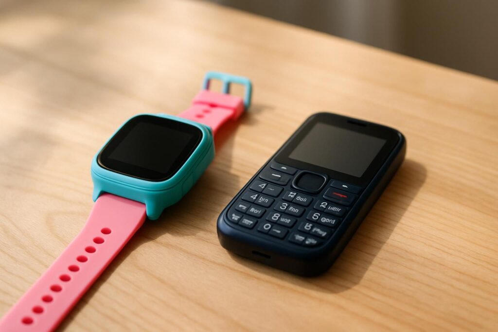 Une montre GPS pour enfant à côté d'un petit téléphone basique