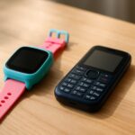 Une montre GPS pour enfant à côté d'un petit téléphone basique