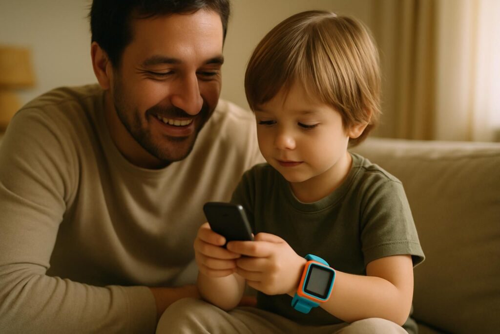 Enfant portant une montre connectée GPS, premier téléphone adapté à son âge