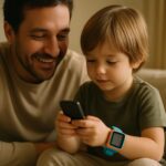 Enfant portant une montre connectée GPS, premier téléphone adapté à son âge