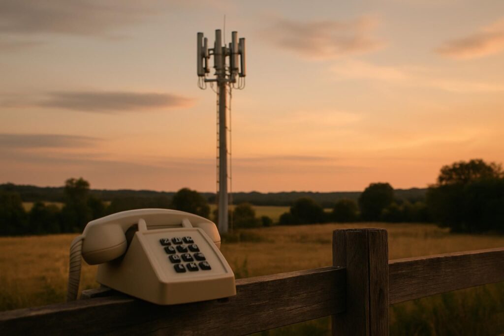 Antenne relais de téléphonie mobile au crépuscule, symbole de la fin du réseau 2G en France