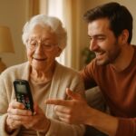 Personne âgée tenant un téléphone à grandes touches, accompagnée d'un proche