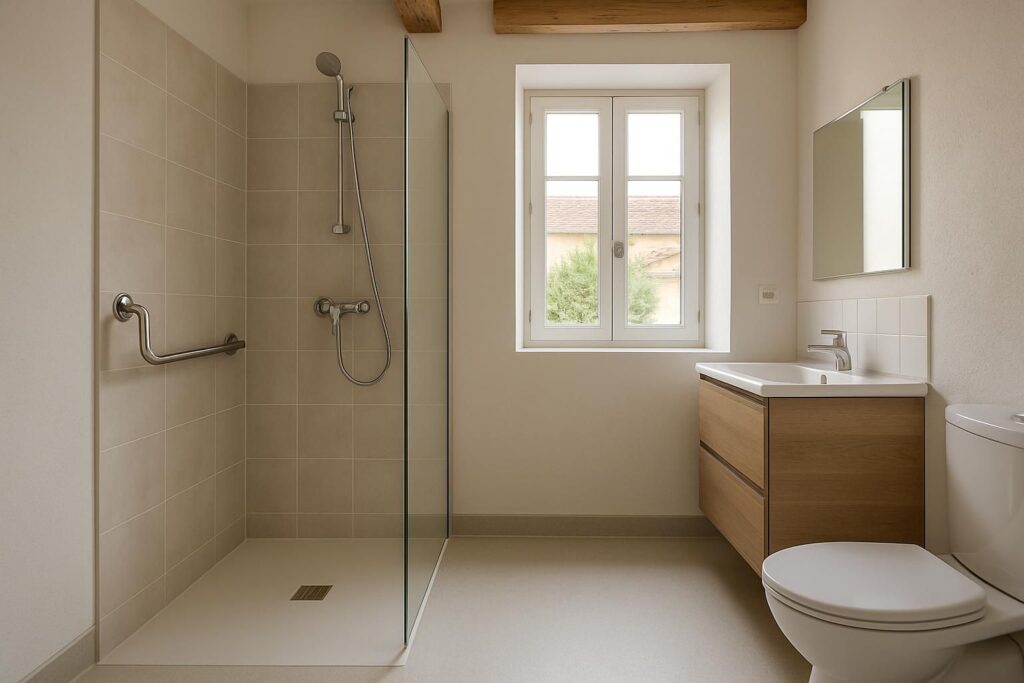 Salle de bain adaptée avec douche de plain-pied et barre d'appui