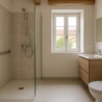 Salle de bain adaptée avec douche de plain-pied et barre d'appui