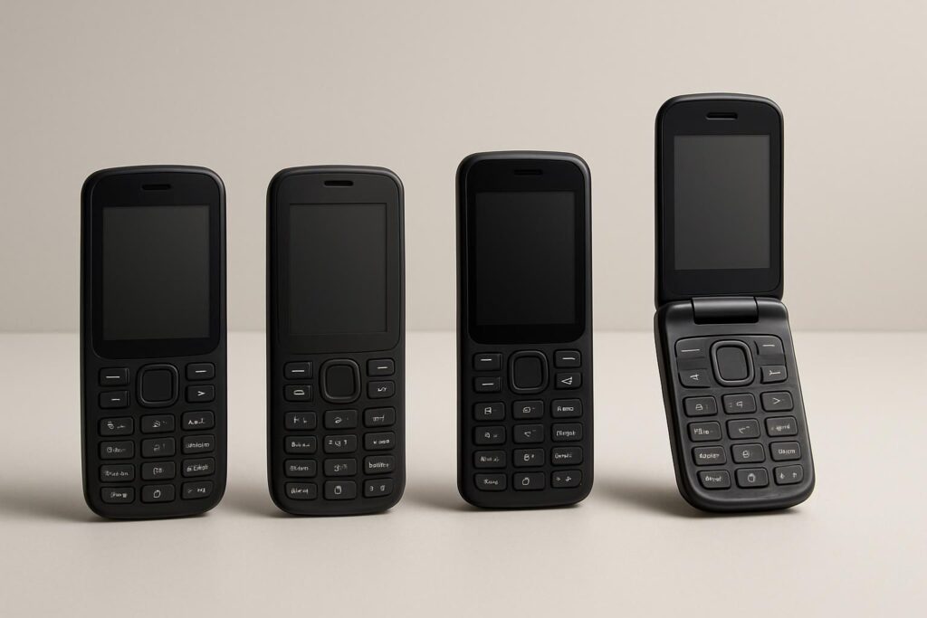 Plusieurs téléphones à touches modernes alignés sur un fond clair