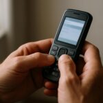 Mains tenant un téléphone à touches ouvert sur le menu des réglages réseau