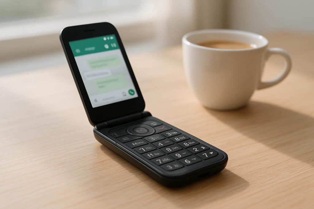 Telephone a clapet noir moderne ouvert pose sur un bureau en bois, application de messagerie a l ecran