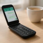 Telephone a clapet noir moderne ouvert pose sur un bureau en bois, application de messagerie a l ecran