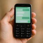 Main tenant un petit telephone tactile compact avec clavier physique, application de messagerie verte