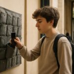 Lycéen qui range son téléphone dans une pochette verrouillée à l'entrée, rentrée 2026