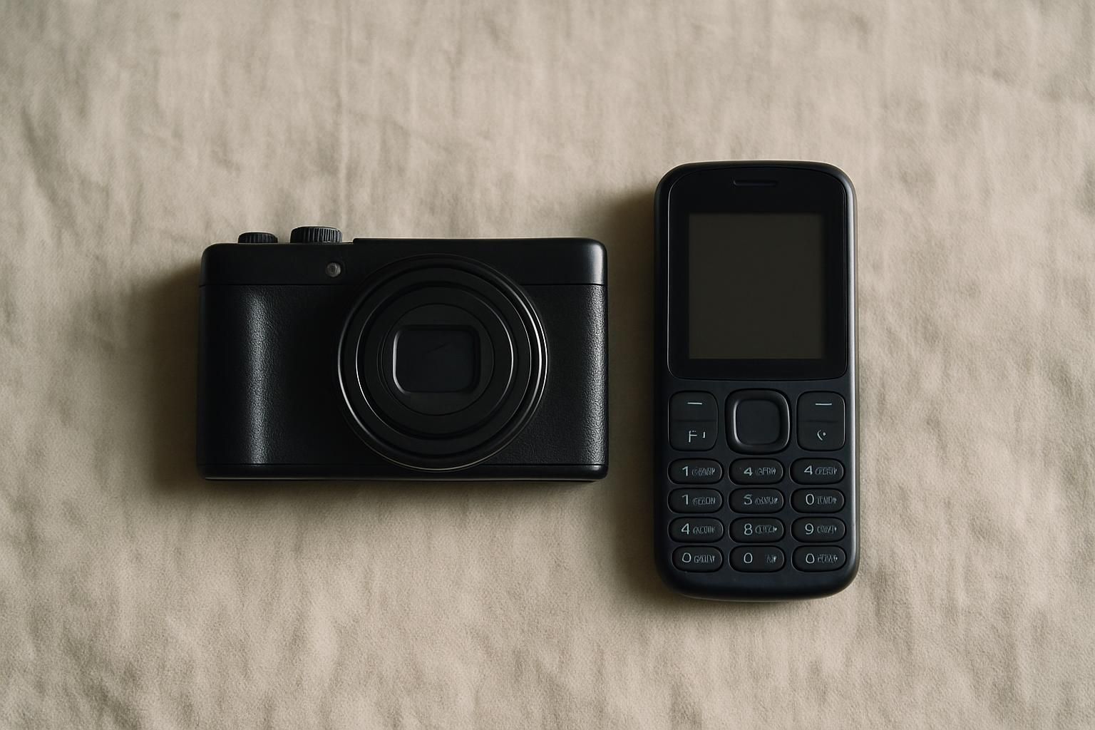 A compact digital camera beside a basic keypad phone, illustrating the choice of a dumb phone with a good camera