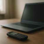 A basic mobile phone on a desk next to a laptop, illustrating using a dumb phone as a Wi-Fi hotspot