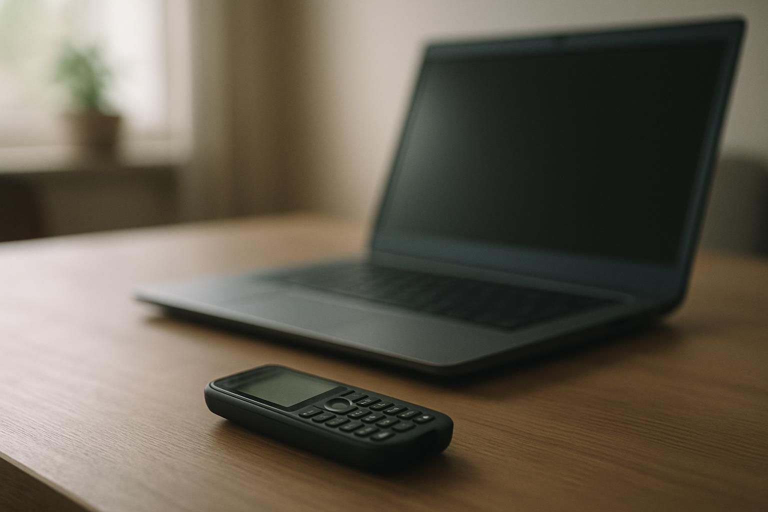A basic mobile phone on a desk next to a laptop, illustrating using a dumb phone as a Wi-Fi hotspot