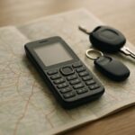 A basic keypad phone lying on a paper road map next to car keys, illustrating navigation without a smartphone