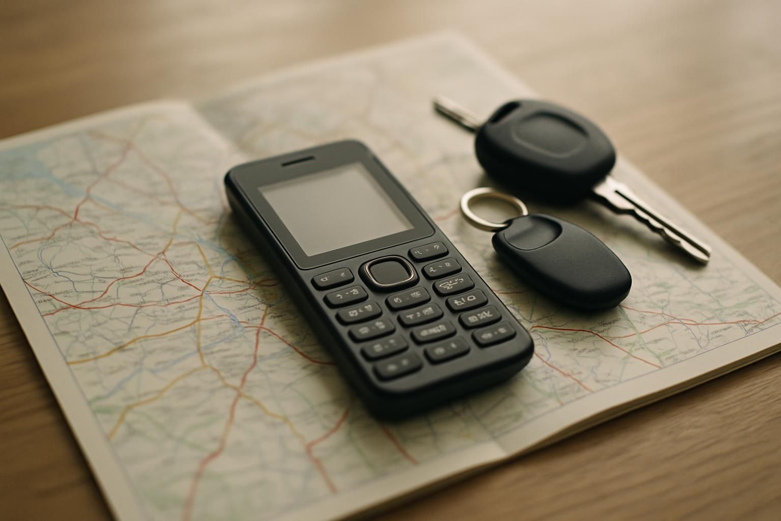 A basic keypad phone lying on a paper road map next to car keys, illustrating navigation without a smartphone