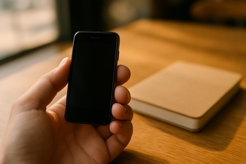 A very small minimalist Android phone held in one hand on a café table