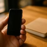 A very small minimalist Android phone held in one hand on a café table
