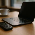 Téléphone à touches posé près d'un ordinateur portable, illustrant le partage de connexion depuis un dumbphone