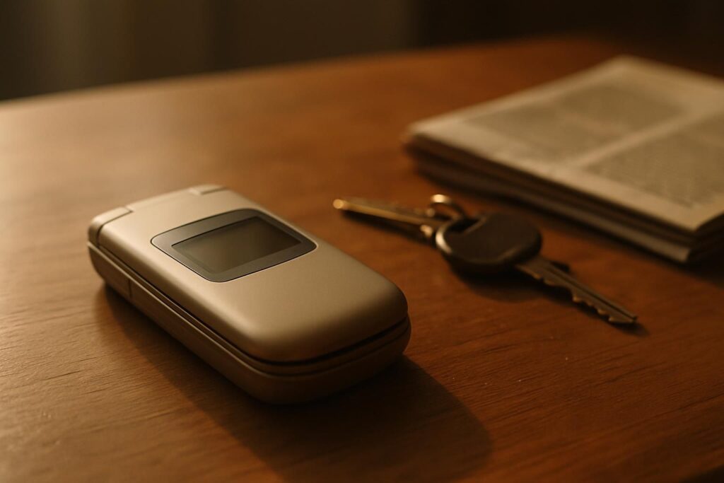 A closed flip phone on a wooden table, illustrating flip phones that run WhatsApp