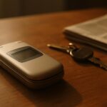 A closed flip phone on a wooden table, illustrating flip phones that run WhatsApp