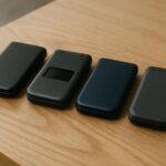 Plusieurs téléphones à clapet fermés alignés sur une table en bois clair, illustrant le choix du meilleur dumbphone