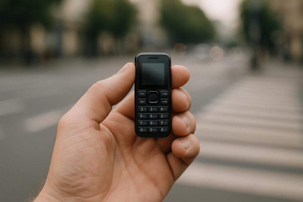 A small phone held in one hand on a city street, illustrating a minimal phone with WhatsApp and Maps