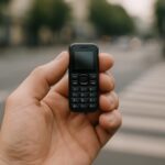 A small phone held in one hand on a city street, illustrating a minimal phone with WhatsApp and Maps
